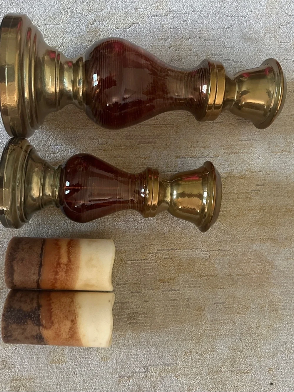 Brass and Amber Glass Candle Holders with Brown Gradient Pillar LED Candles